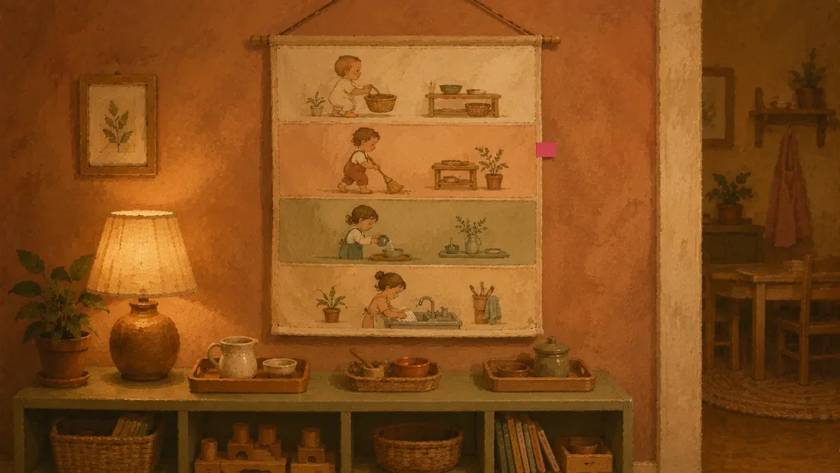Simple age-band chart on a wall mapping Montessori practical life skills from 12 months to 5 years