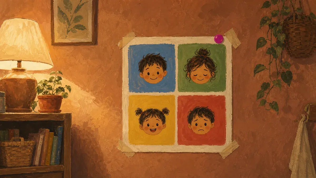 Simple four-color zones chart with one toddler emotion face per color (blue, green, yellow, red)