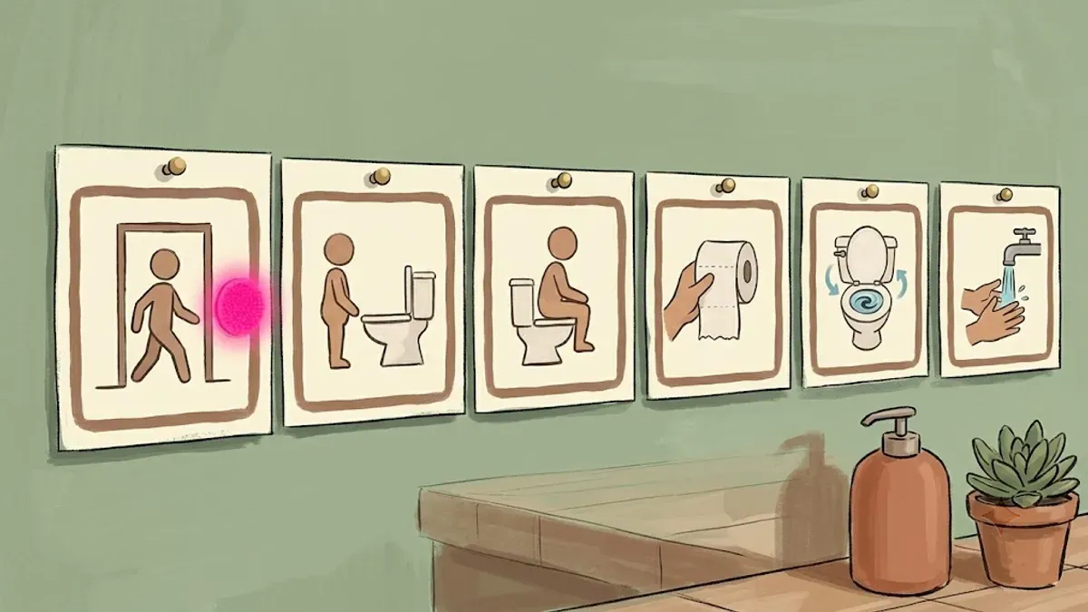 Six-step potty training visual schedule strip showing walk in, pants down, sit, wipe, flush, wash hands