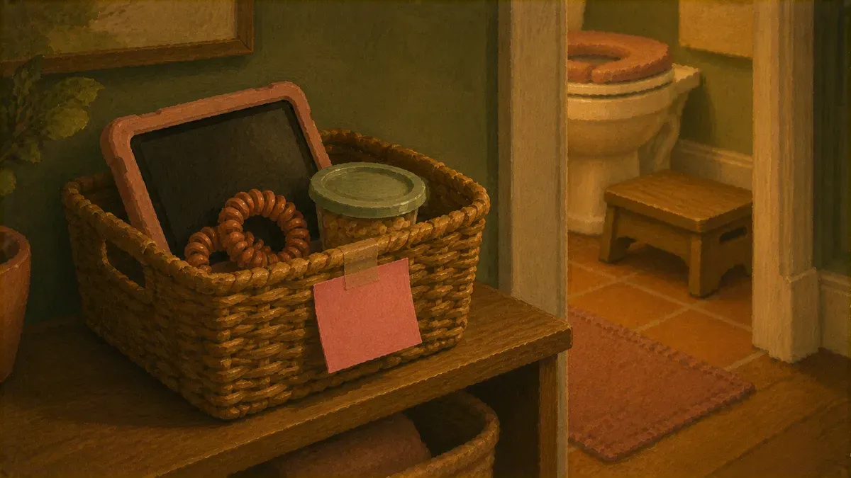 Small bin of high-value reinforcers, a tablet, fidget, and snack, kept right by the bathroom