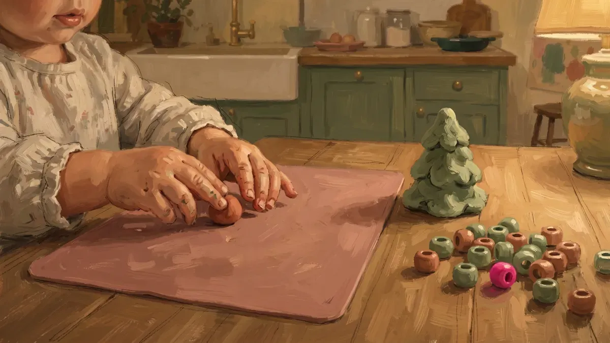 Small hands rolling play dough balls to decorate a dough Christmas tree