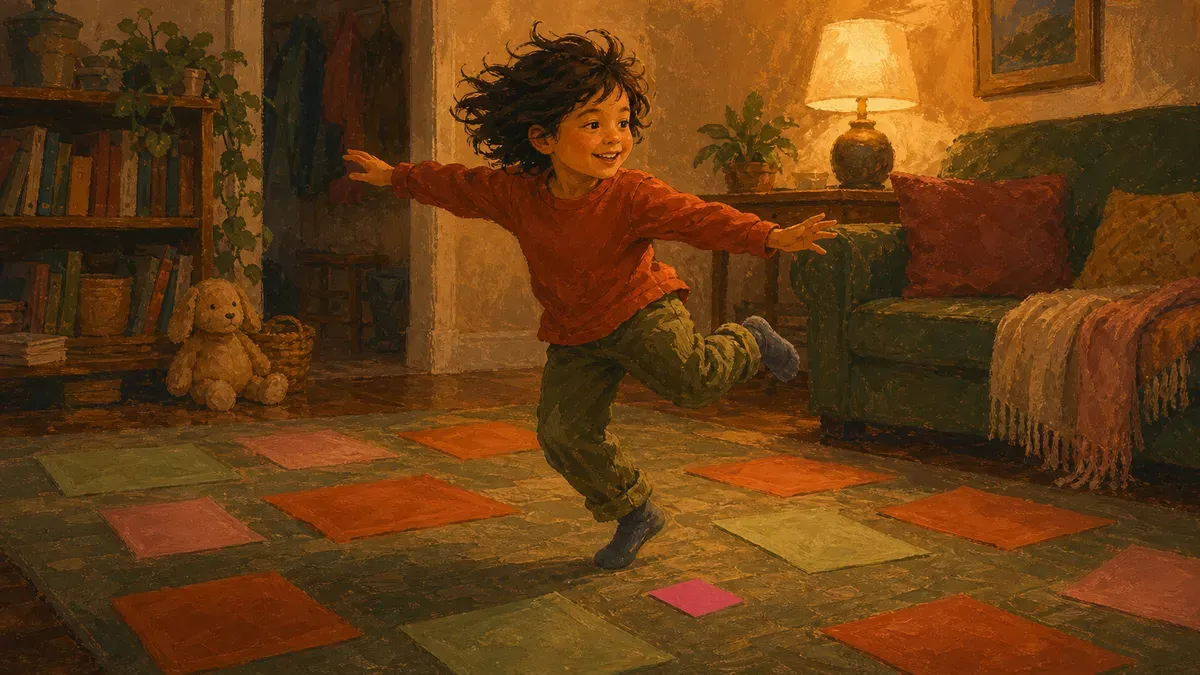 Smiling kindergartner mid-movement during a colorful active learning session at home