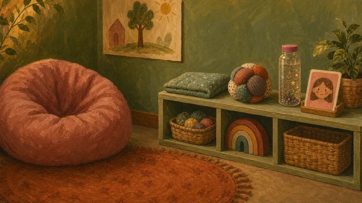 Soft padded preschool cozy corner with beanbag, rug, and low shelf of durable tools
