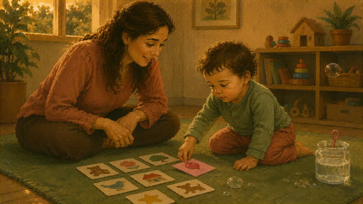 Speech-language pathologist working with a toddler using picture cards during an evaluation