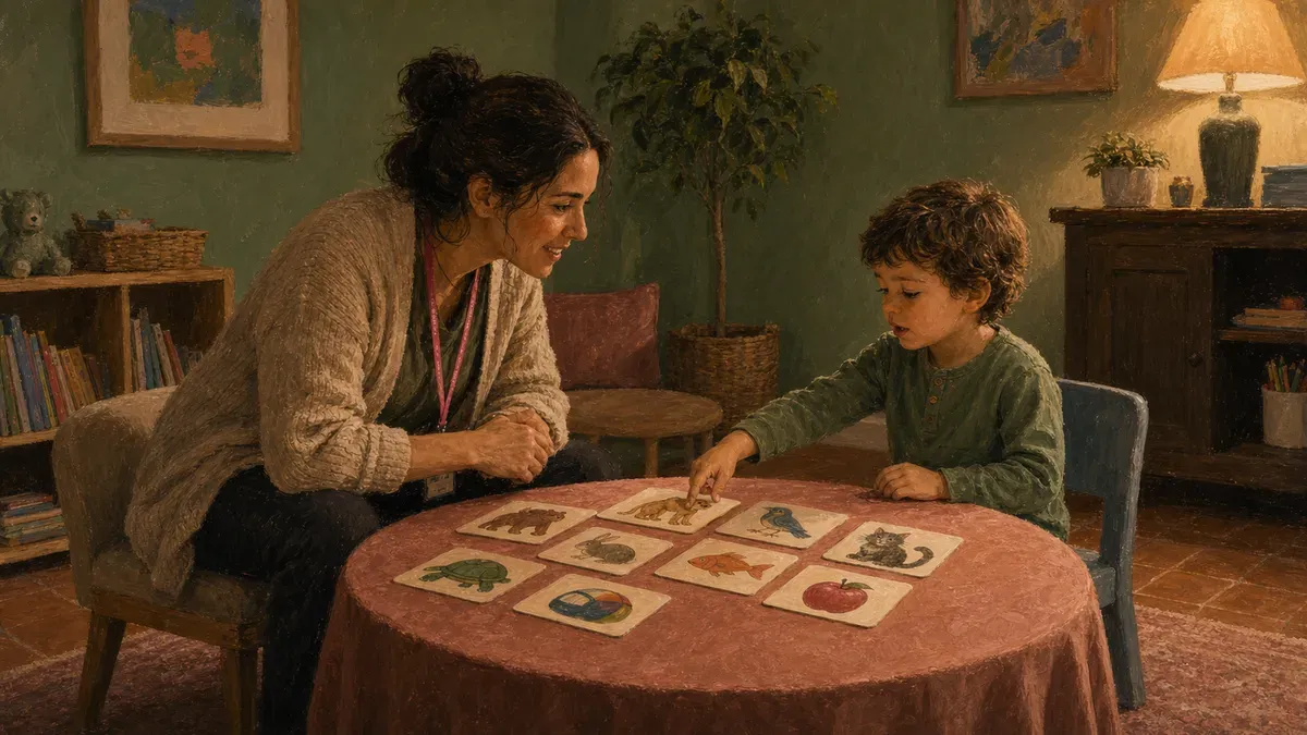 Speech-language pathologist working with a young child using picture cards