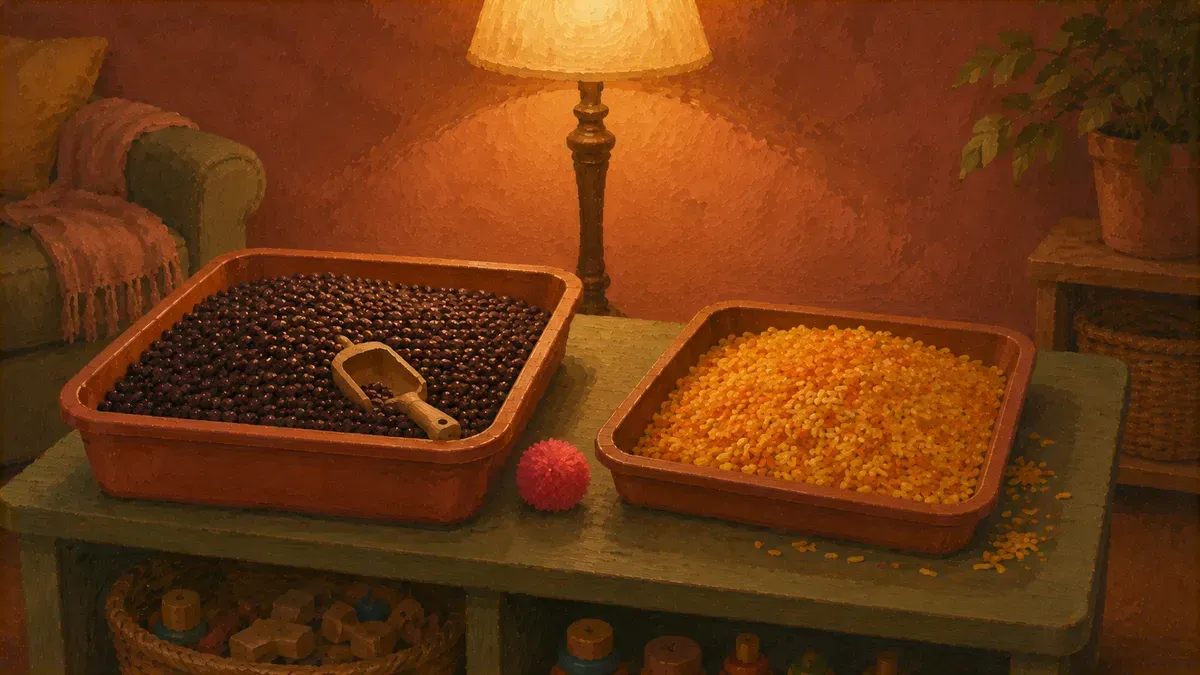 Split image: heavy bean bin labeled calming, dyed-rice bin labeled alerting