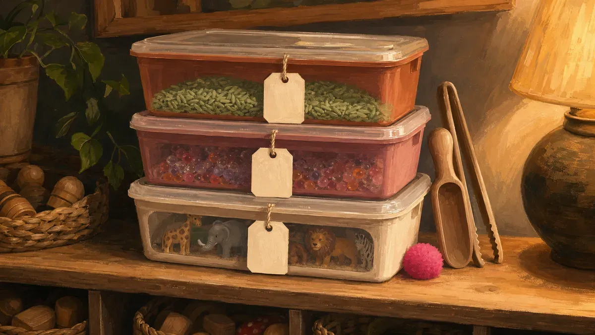 Stack of labeled lidded bins storing rice, water beads and small toys on a shelf