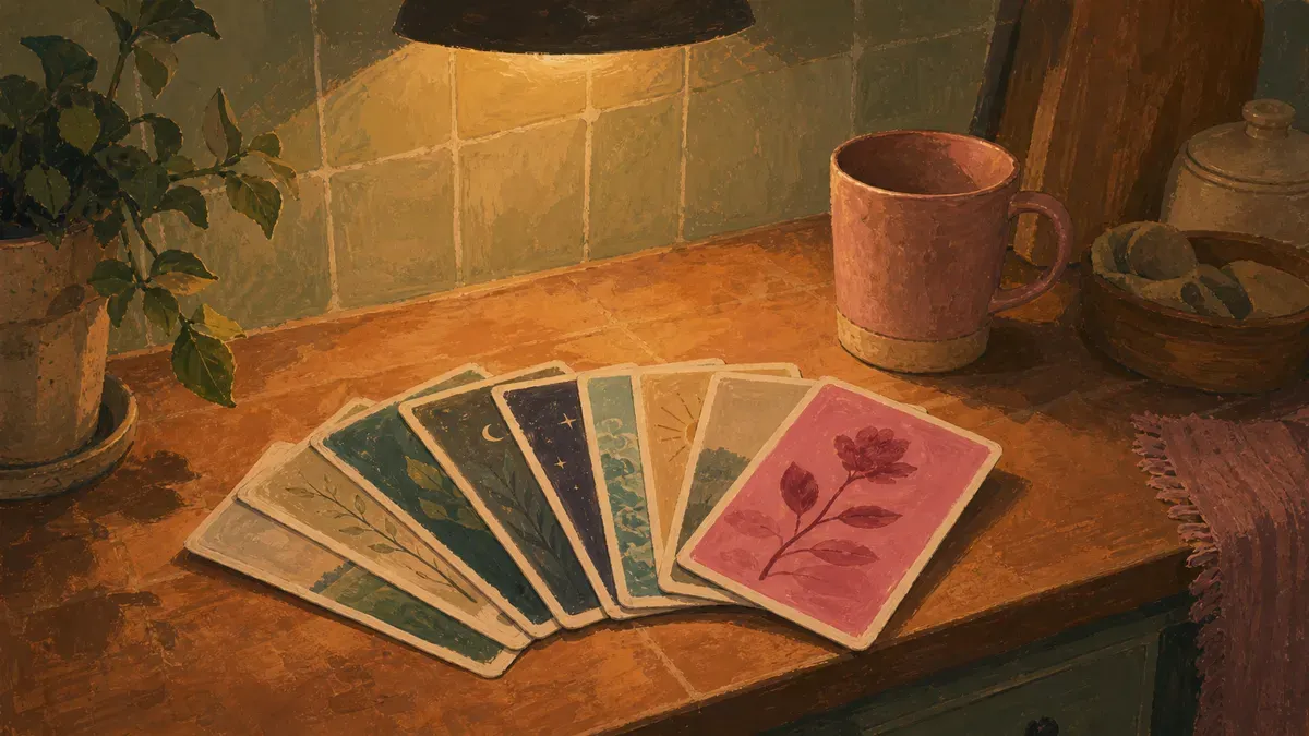 Stack of printed conversation cards fanned out on a kitchen counter