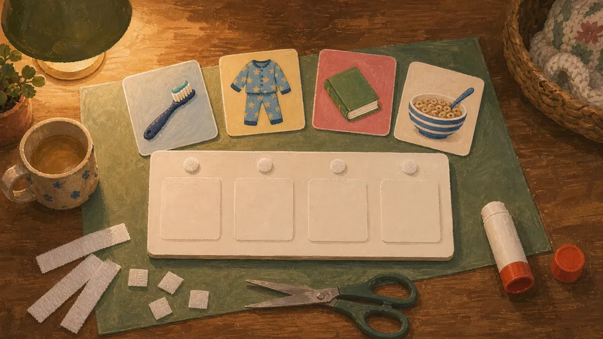 Step-by-step flat lay of blank visual schedule template, picture cards, and Velcro strips ready to assemble