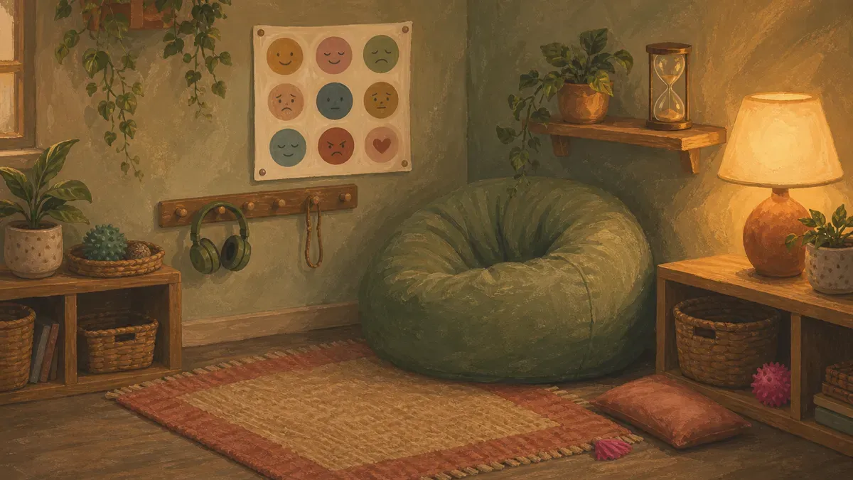 Step-by-step layout of a classroom calm corner with bean bag, headphones, and feelings chart