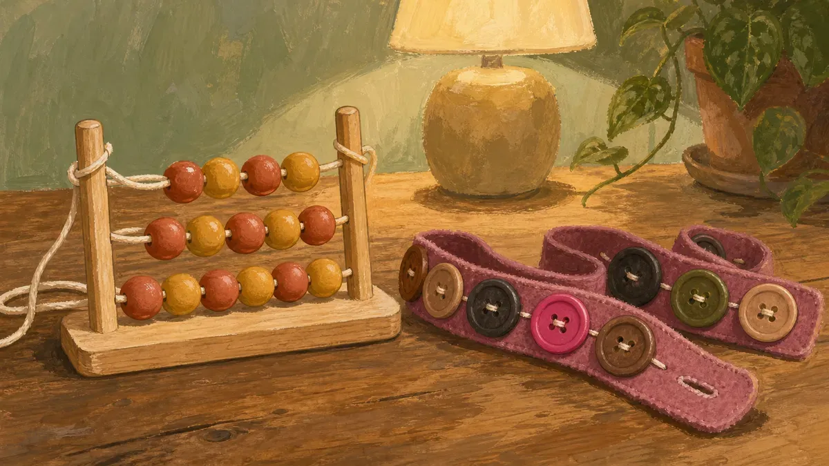 Store-bought lacing toy beside a handmade button-snake busy bag, both on a wooden table