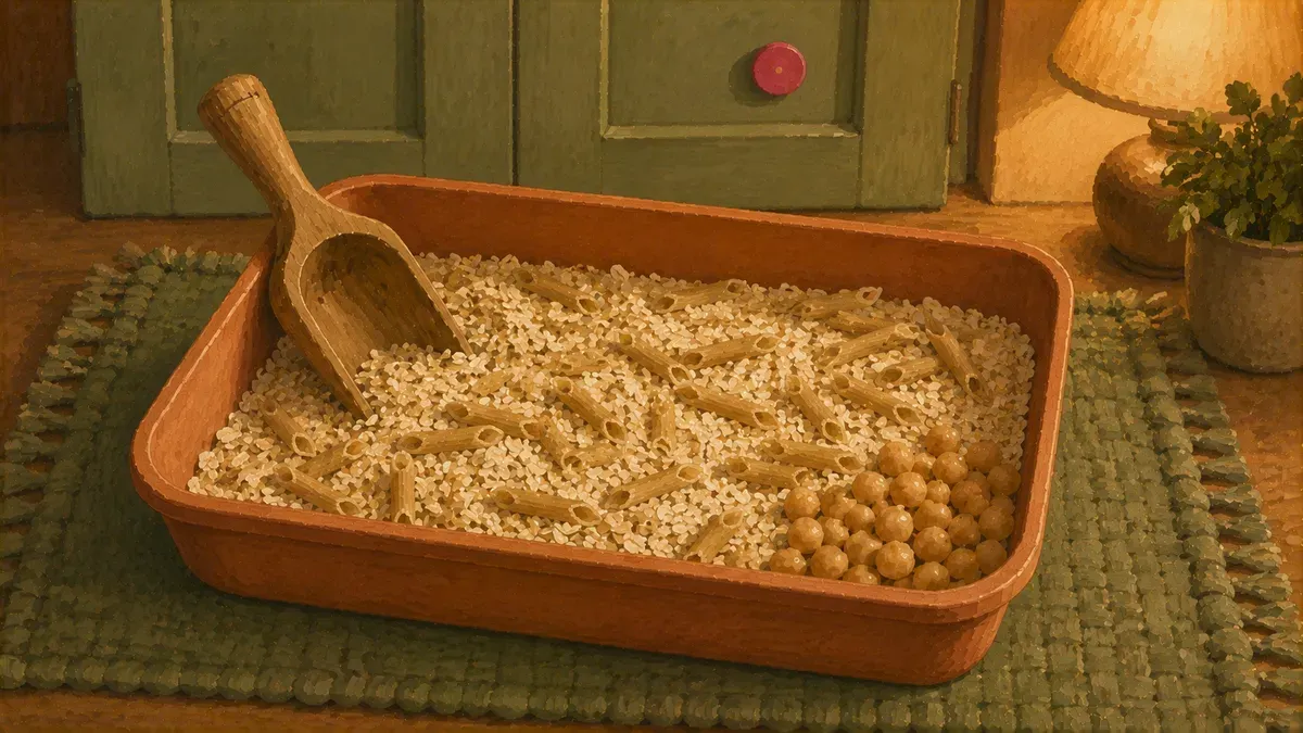 Taste-safe sensory bin with oats and large pasta and chunky scoop