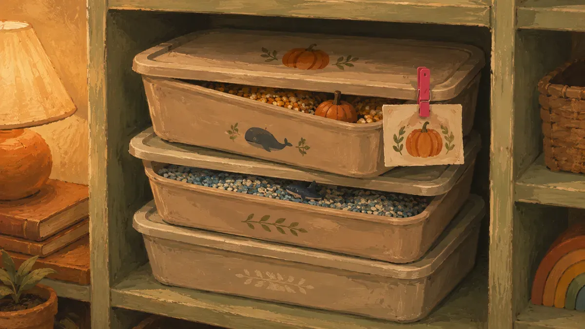 Three labeled storage tubs holding rotated themed sensory bin kits