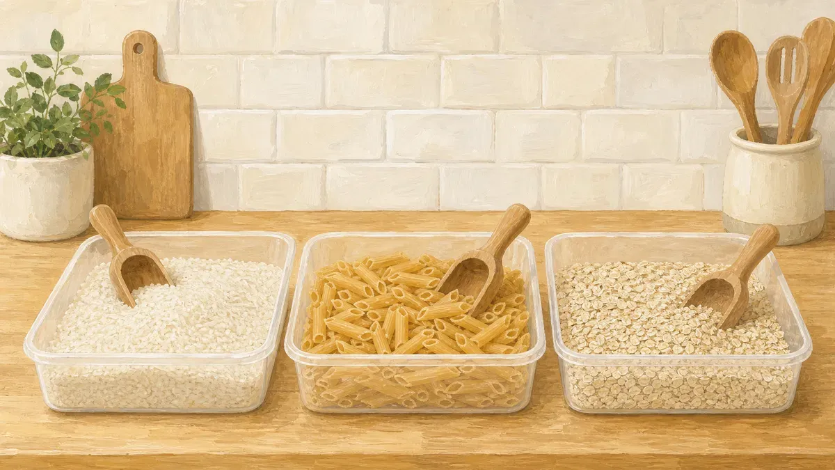 Three quick sensory bins side by side: dry rice, dry pasta, and oats with scoops