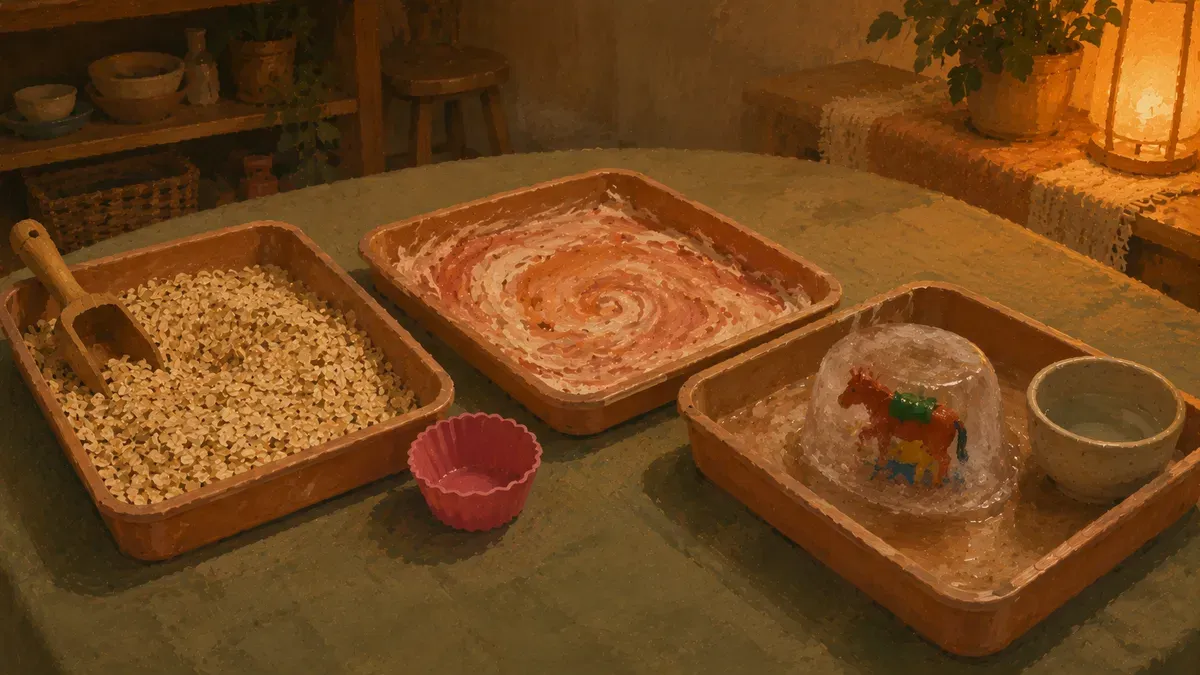 Three taste-safe sensory bins side by side: cooked oats, edible paint, and a frozen toy rescue
