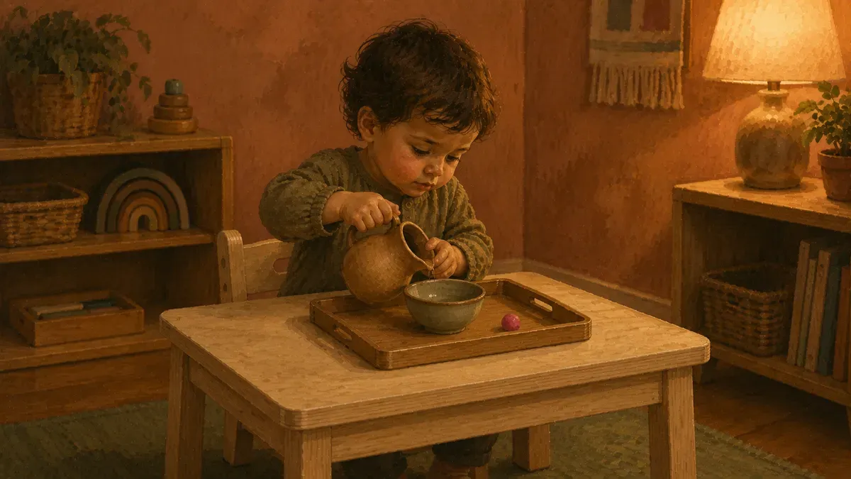 Three-year-old concentrating on a wooden pouring activity at a child-sized table