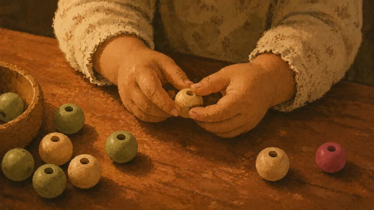 Three-year-old picking up small beads with a pincer grasp at a table