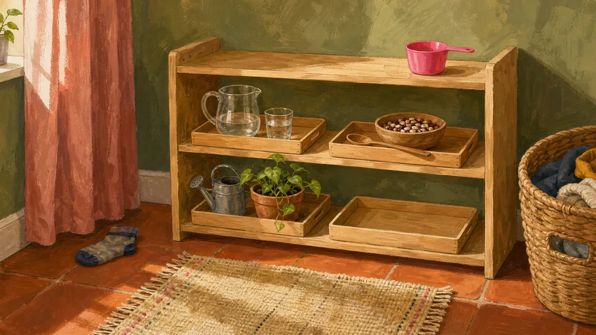 Tidy low Montessori shelf at home with a few practical-life trays within a child's reach