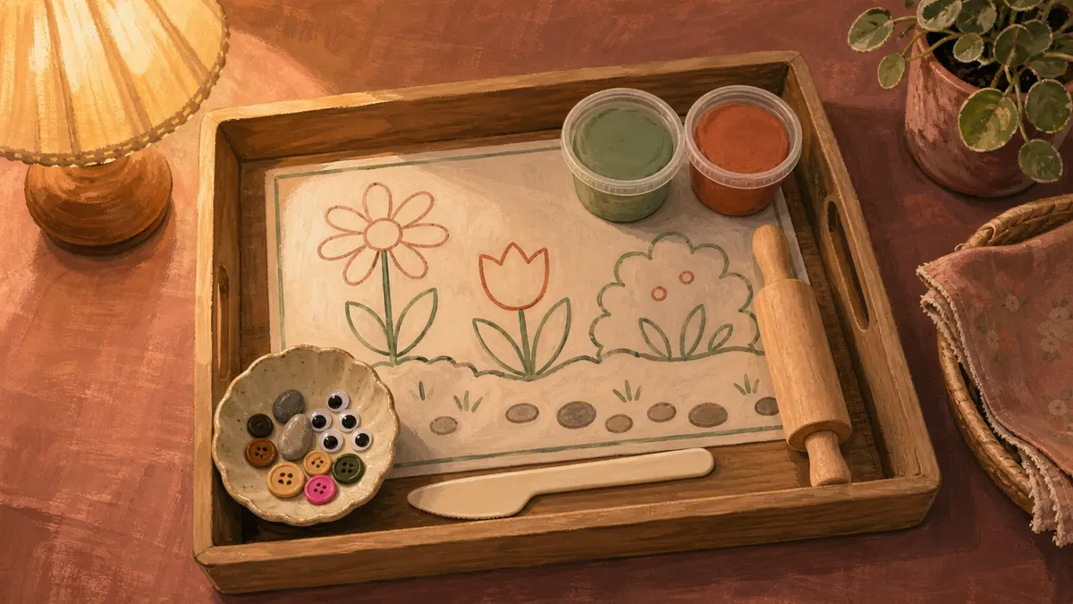 Tidy play dough invitation tray with mats, tools and loose parts ready on a table