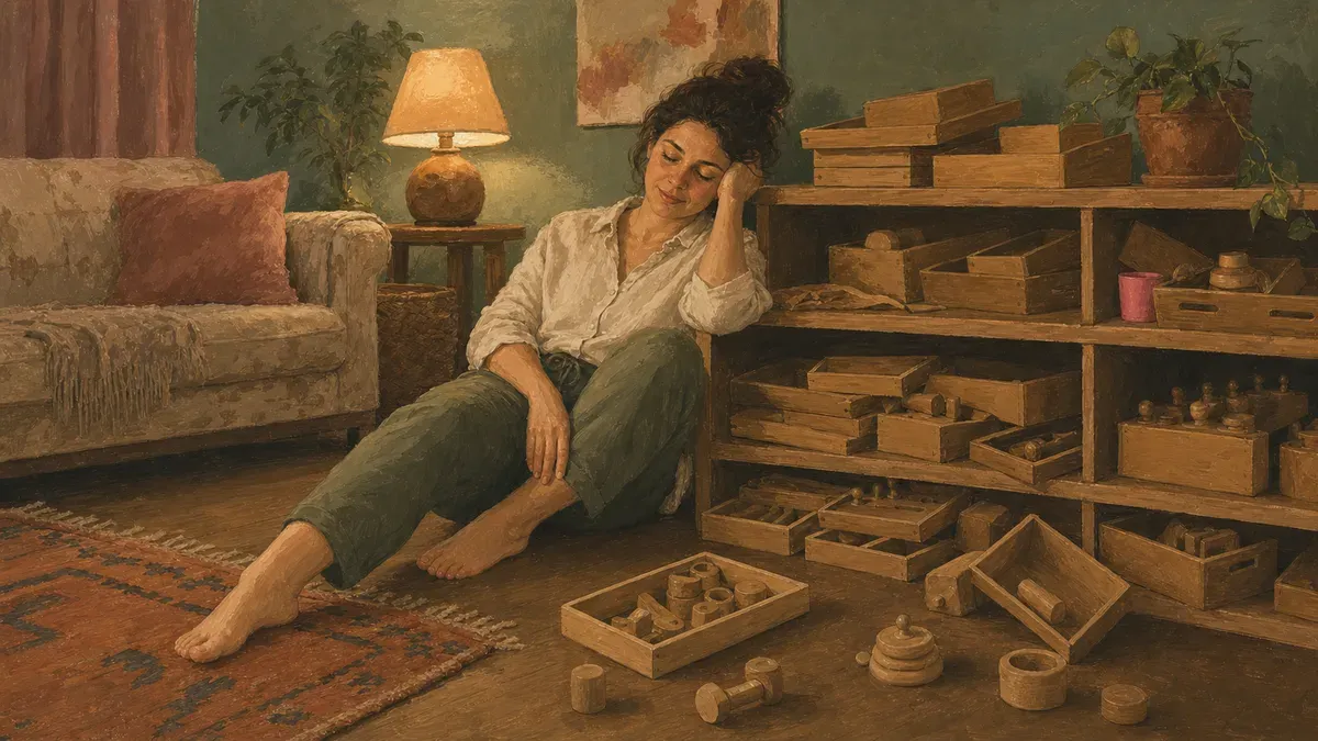 Parent sitting next to a cluttered Montessori shelf in a home living room, looking overwhelmed