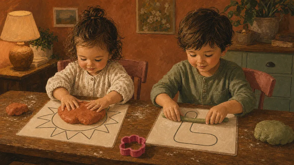 Toddler and older preschooler each playing at a playdough mat side by side