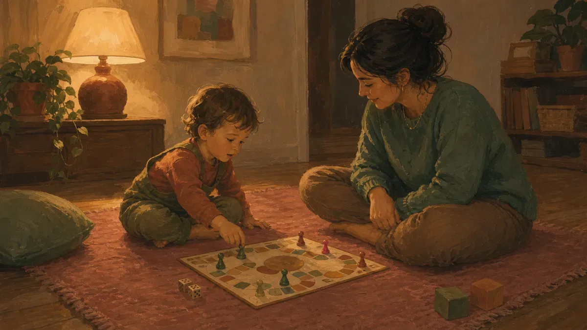 Toddler and parent sitting on the floor playing a simple board game together