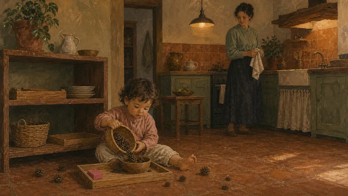 Toddler at home repeatedly emptying and filling a small basket on a low shelf
