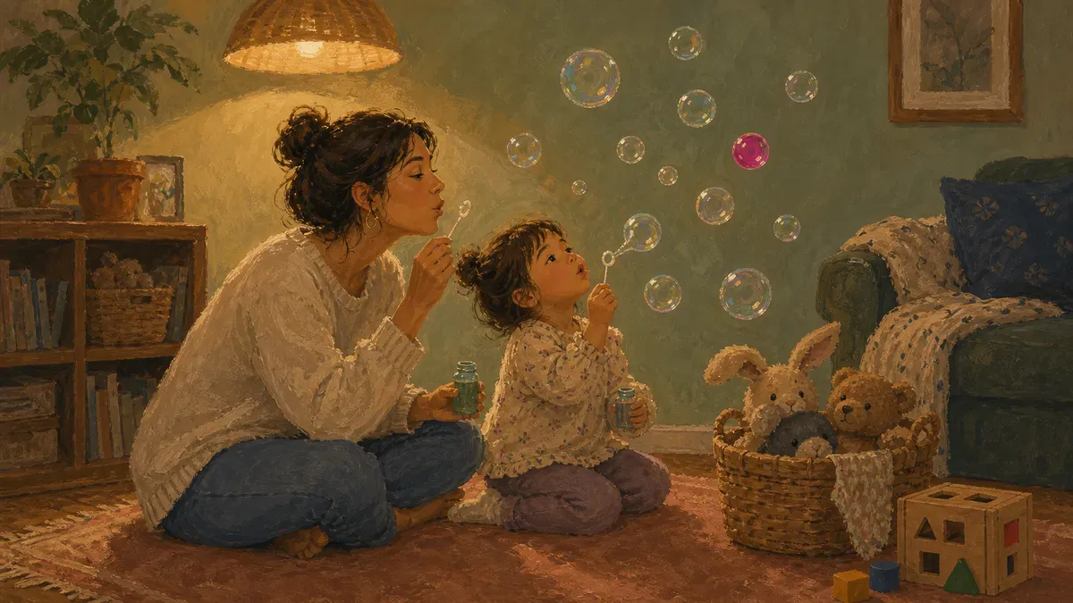 Toddler blowing bubbles with a parent as a deep-breathing calming activity
