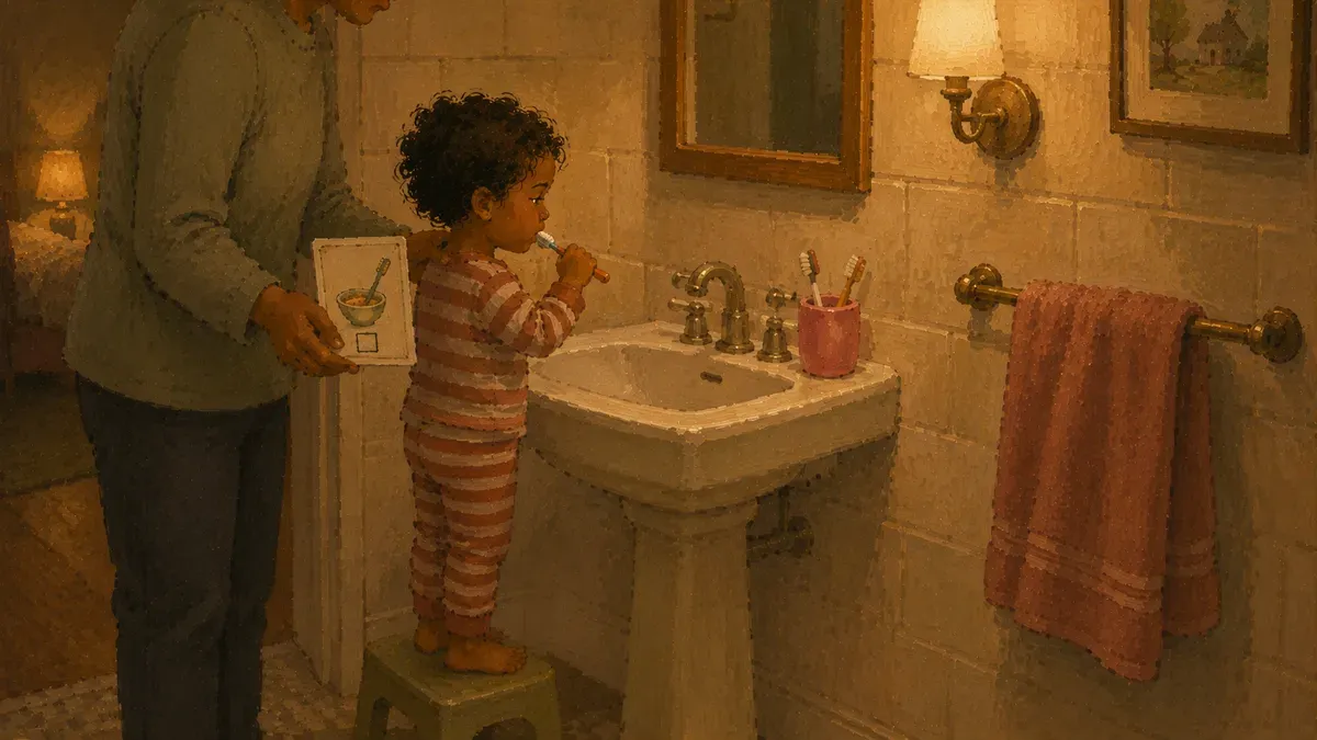 Toddler brushing teeth at an unfamiliar bathroom sink while a parent holds a small routine card