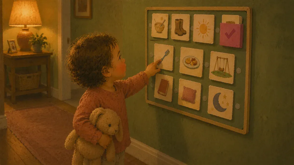 Toddler checking their morning routine chart on their own