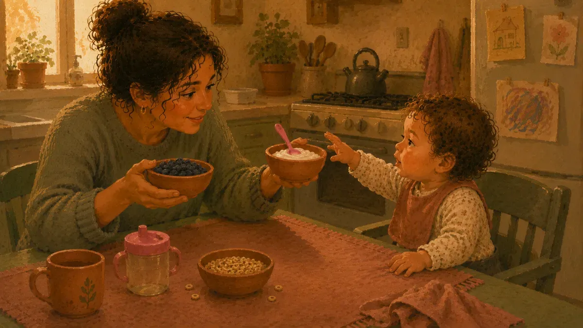 Toddler choosing between two breakfast bowls while parent labels each option