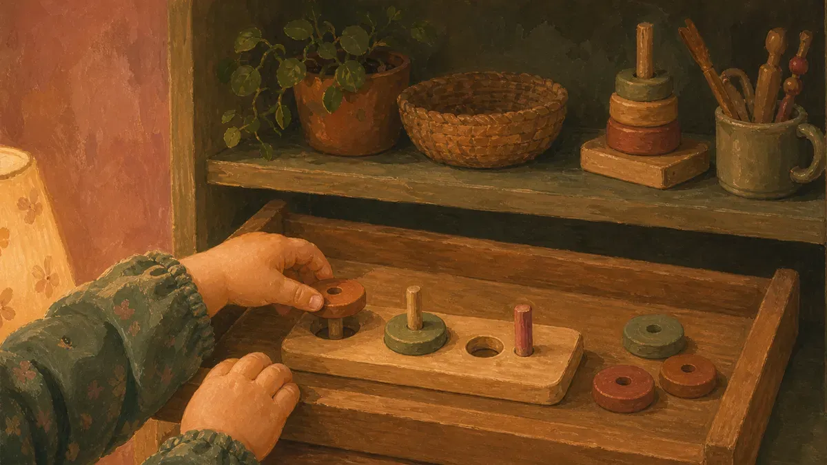 Toddler concentrating on a single-purpose wooden tray on a low Montessori shelf