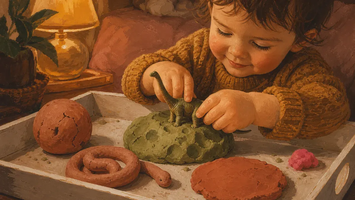 Toddler focused on pressing small dinosaur toy into playdough on a white tray
