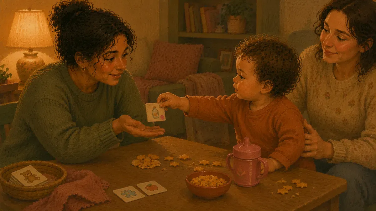 Toddler handing a single picture card to an adult during a snack-time exchange