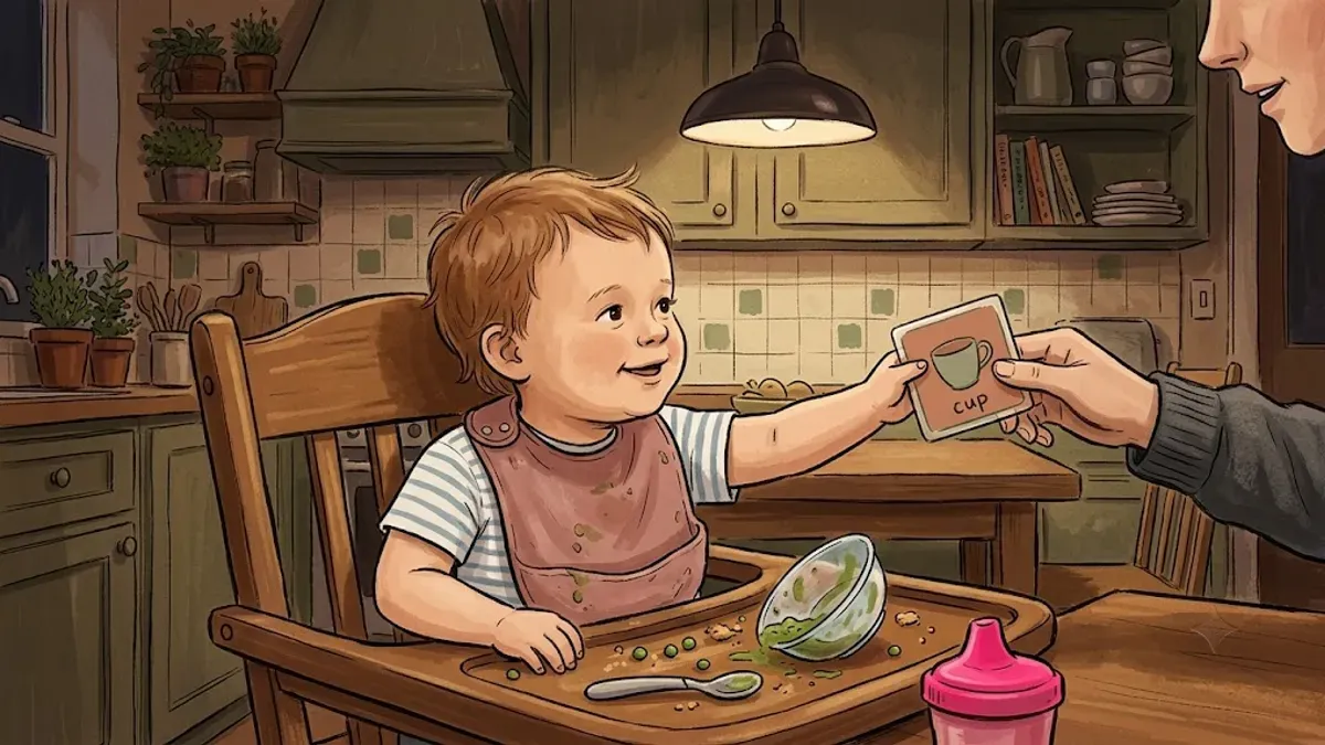 Toddler handing an 'all done' PECS card to a parent at the end of a meal