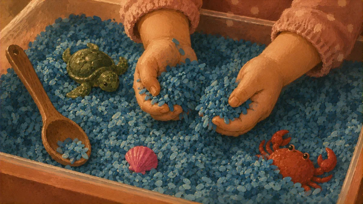 Toddler hands scooping blue-dyed rice with plastic sea creatures in a clear sensory bin
