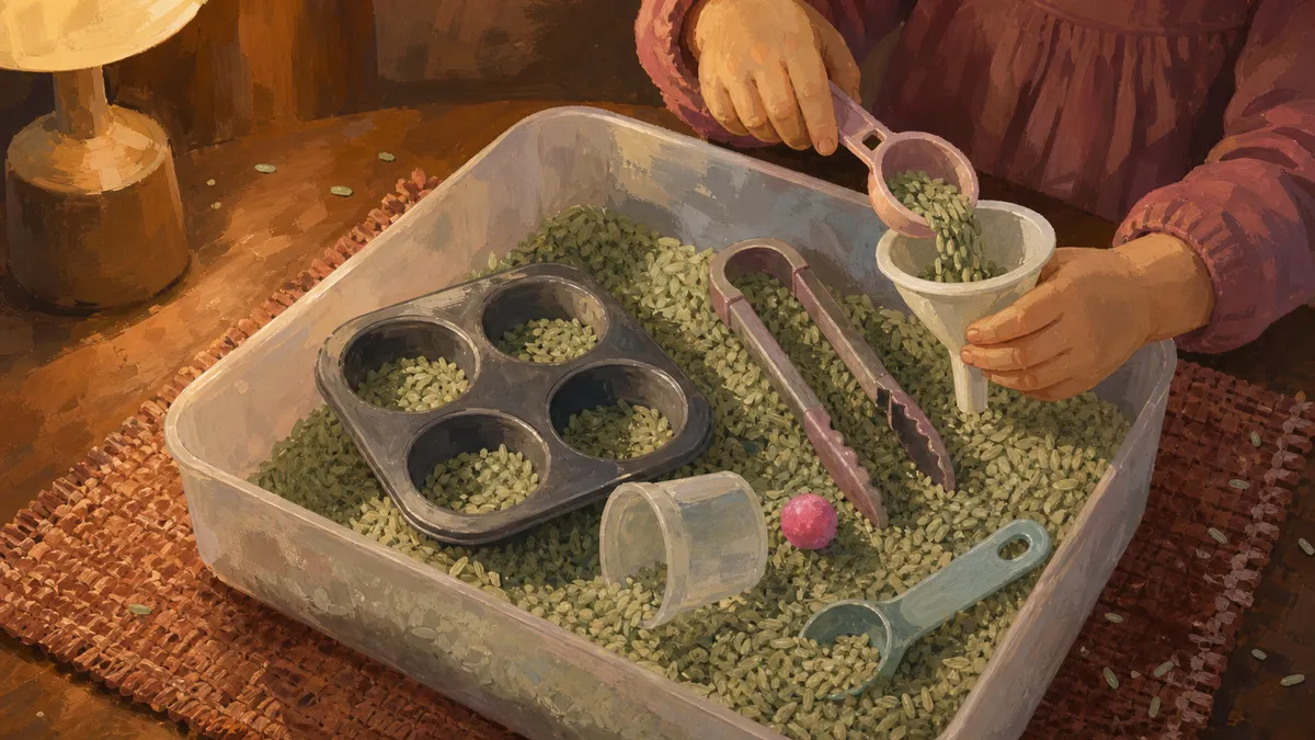Toddler hands scooping dyed rice with a small funnel and measuring spoons from a plastic bin filled with sensory bin tools including tongs, muffin tin, and funnels.