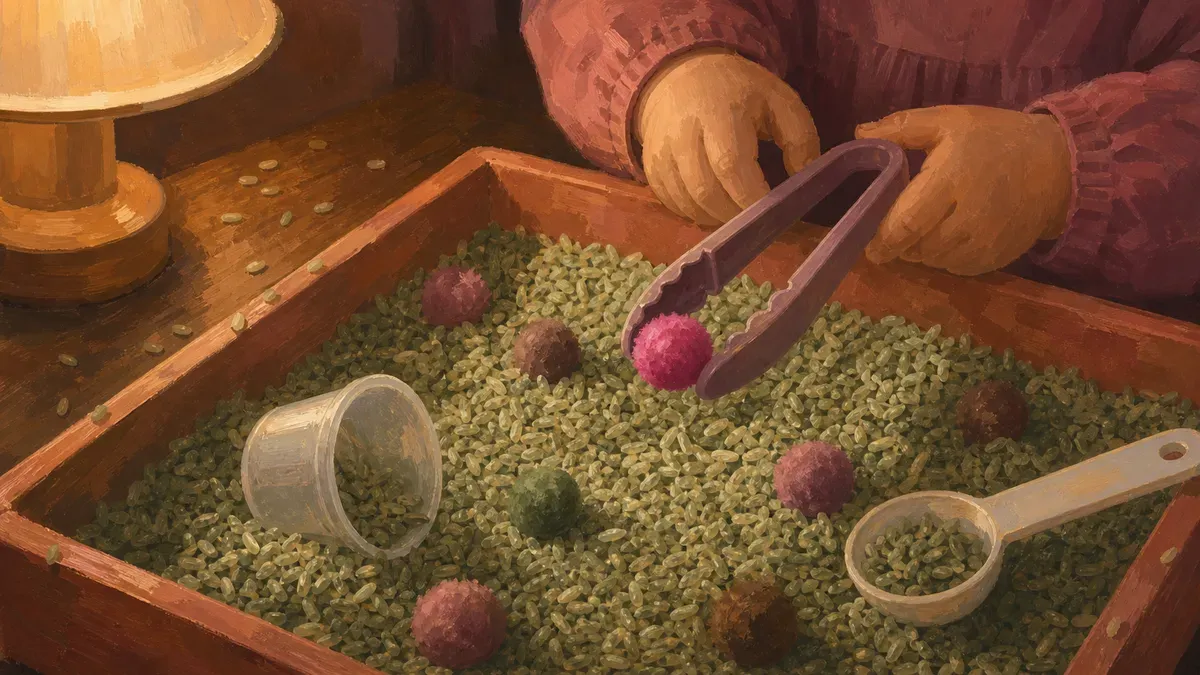 Toddler hands using small tongs to pick up pom-poms from a rice sensory bin