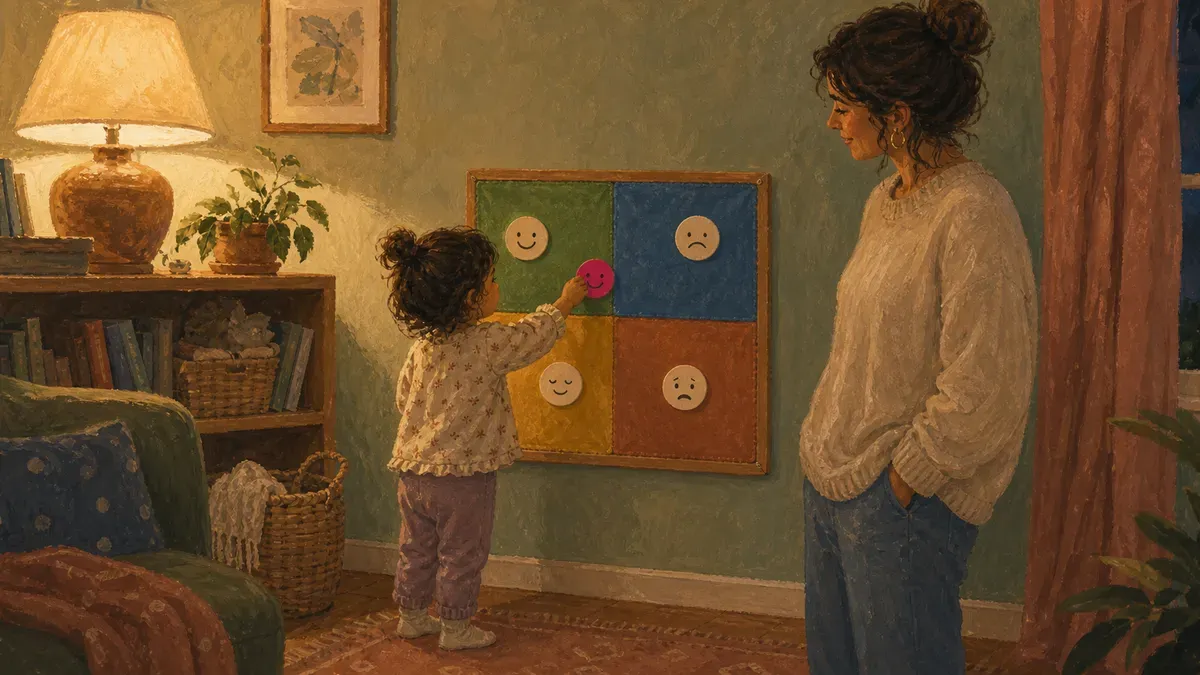 Toddler-height felt zones board with movable face magnets within reach of a small child