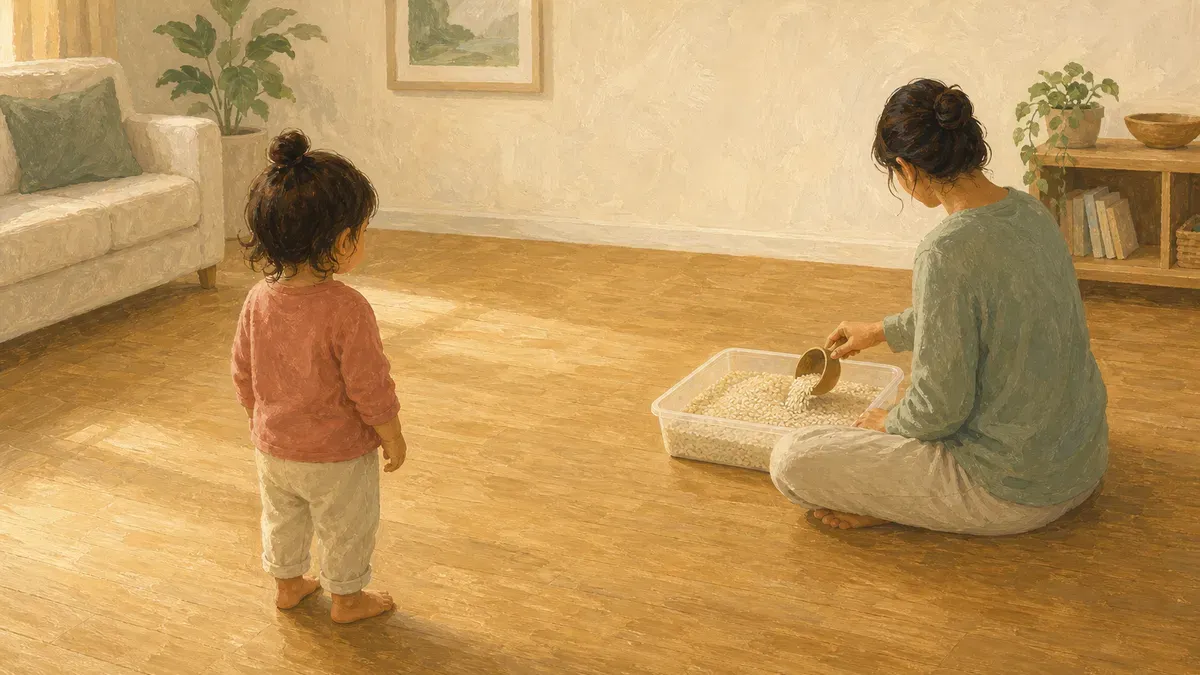 Toddler hesitating at the edge of a sensory bin while a parent demonstrates