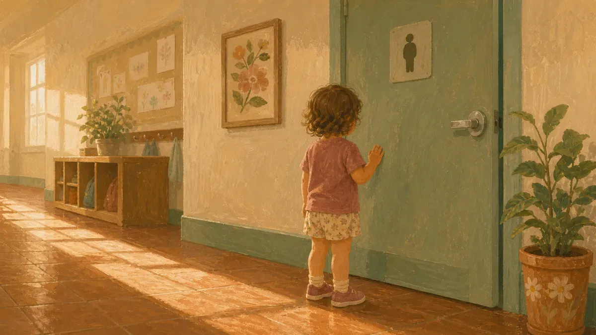 Toddler hesitating outside a school bathroom door during potty training regression