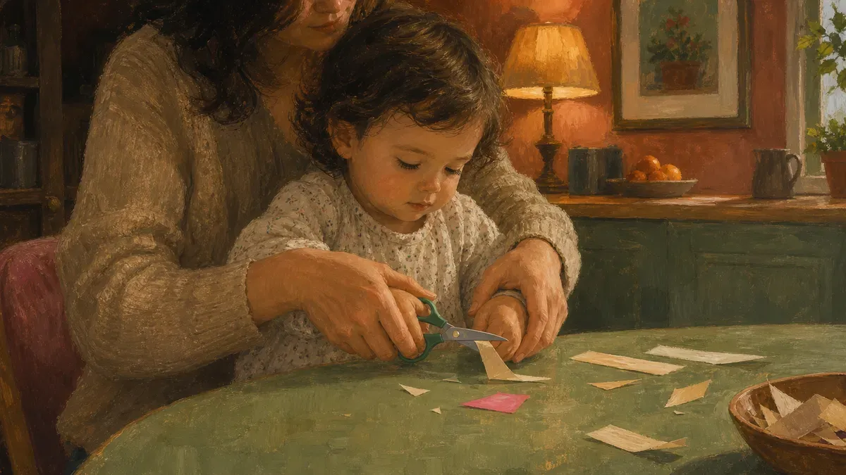 Toddler holding child-safe scissors with an adult guiding their hand