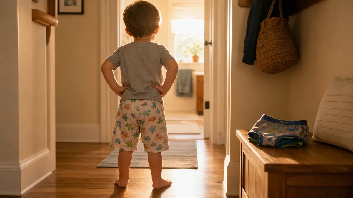 Toddler in big-kid underwear smiling proudly in a hallway