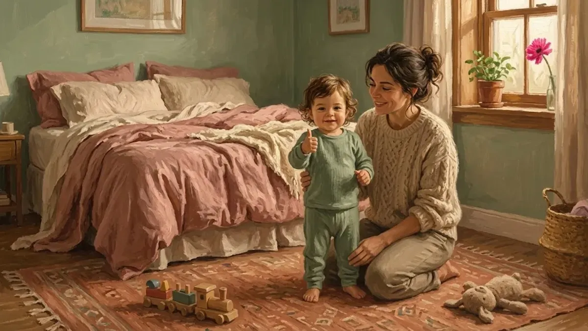 Toddler in pajamas celebrating a dry morning with a parent