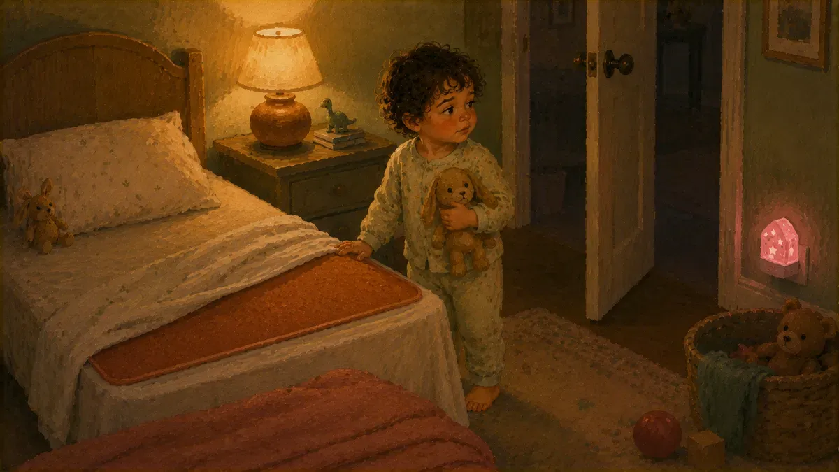Toddler in pajamas next to a made bed with a waterproof mattress cover, calm nighttime routine after a new baby