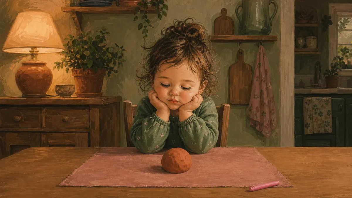 Toddler losing interest in a plain ball of play dough on a kitchen table
