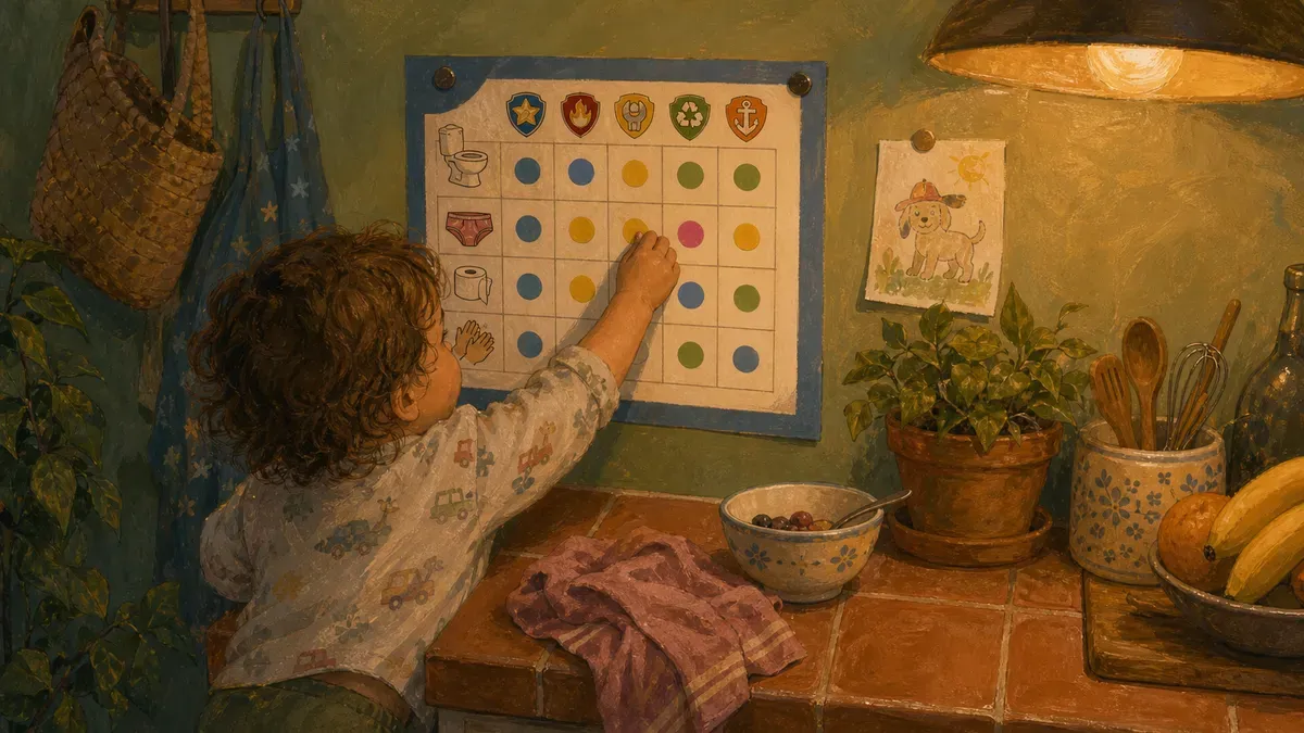 Toddler placing a sticker on a Paw Patrol themed potty training chart