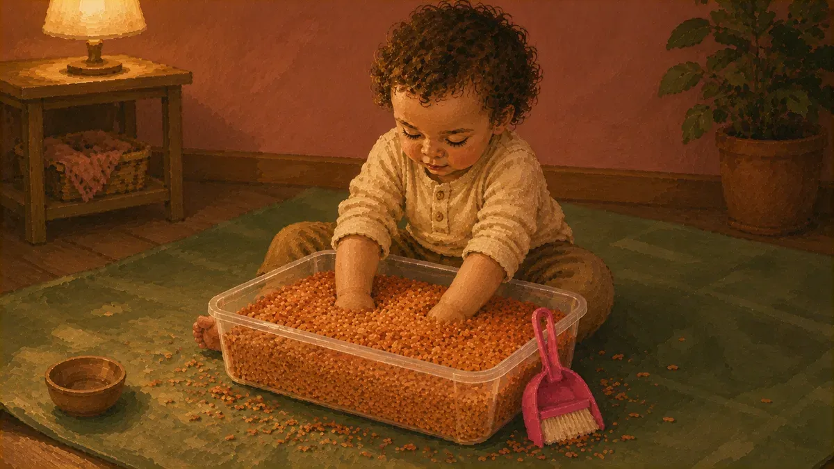 Toddler playing calmly in sensory bin set on a plastic drop cloth on a hardwood floor