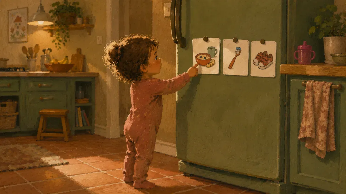 Toddler pointing at a laminated picture schedule card on the fridge