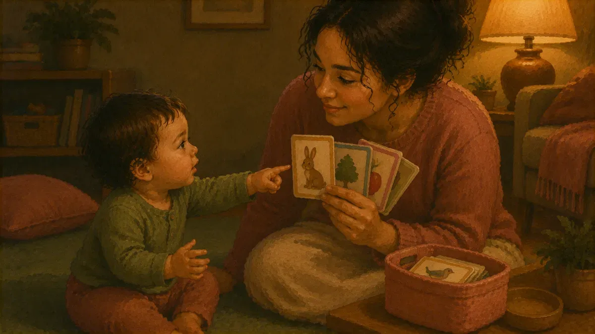 Toddler pointing at a picture communication card held by a parent
